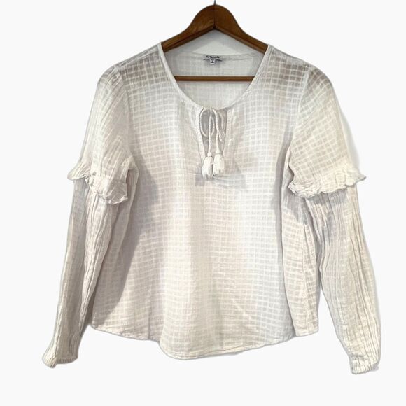 Splendid White Windowpane Blouse Peasant Medium Tie Front Keyhole Boho - Picture 3 of 7